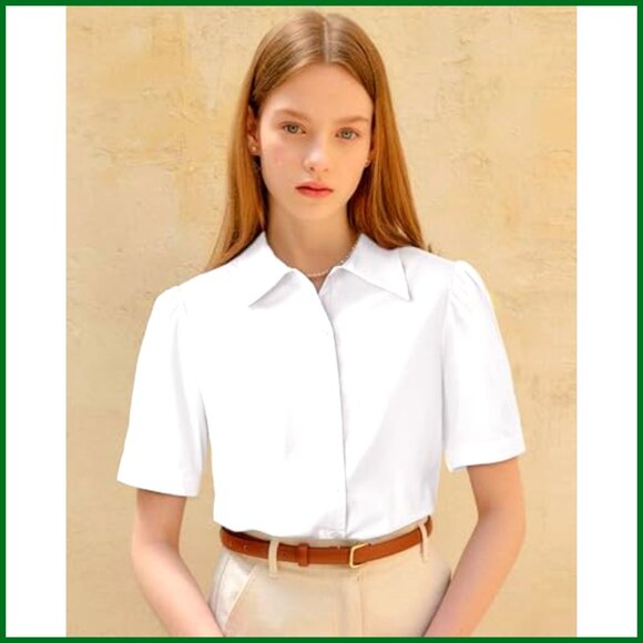 Puff Sleeve Button Down Blouse Fitted Work Top Classic Elegant Business Chic - Picture 4 of 5